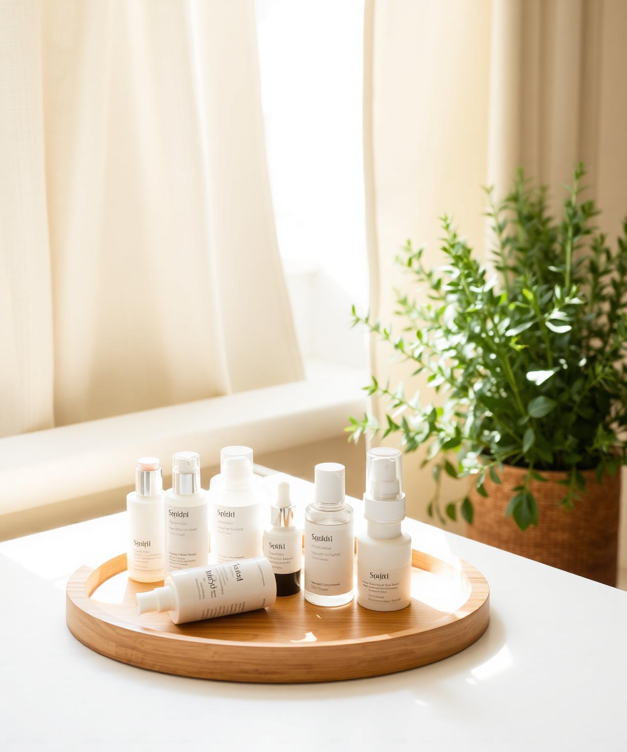 Maren skincare collection on a wooden tray in soft morning light